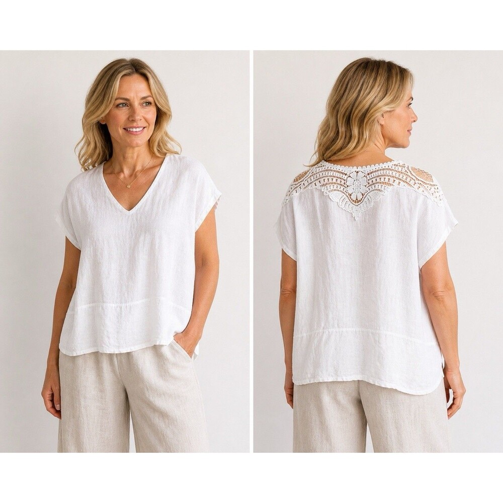 Vanessa Zani Italy Linen Top – White Lace‎ Back, Made in Italy Size S